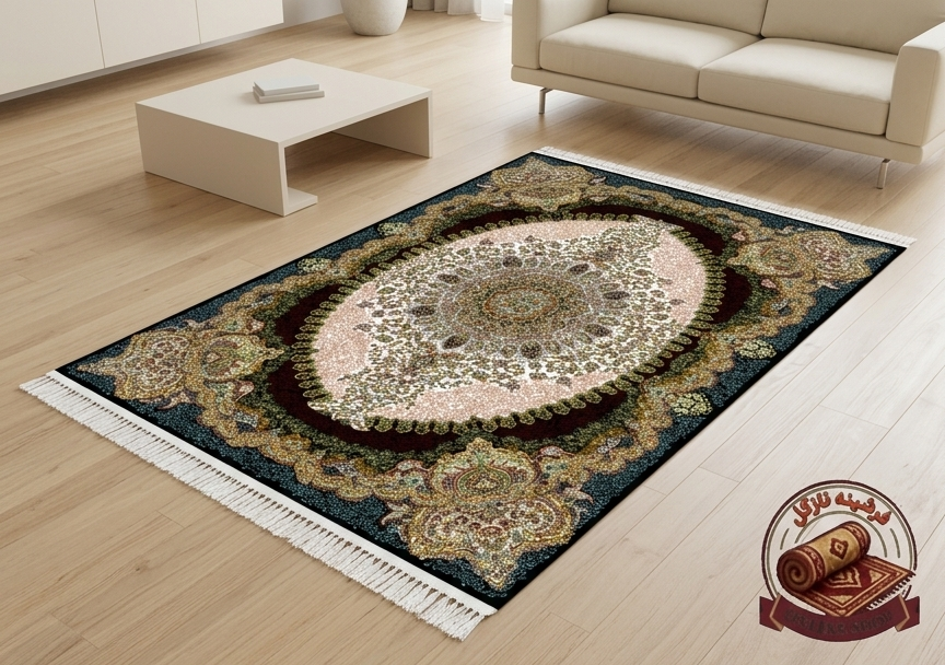 فرشینه مخمل طرح ابریشم رنگ زمینه تیره با حاشیه طلایی کد A106