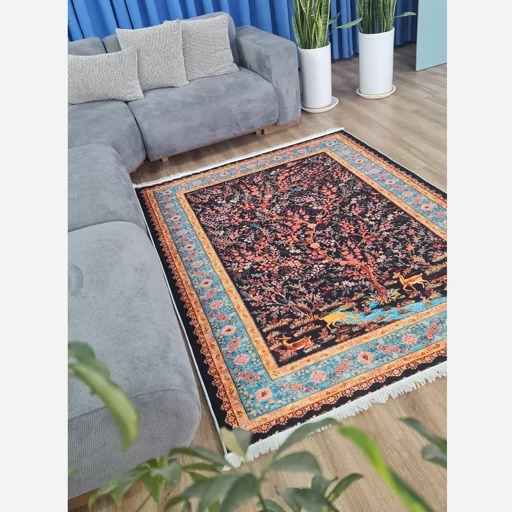 فرشینه مخمل ابریشم طرح درخت زندگی و آهو زمینه سرمهای با حاشیه فیروزهای کد A082