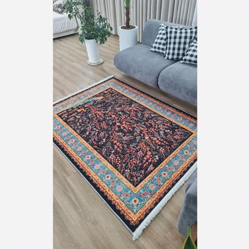 فرشینه مخمل ابریشم طرح درخت زندگی و آهو زمینه سرمهای با حاشیه فیروزهای کد A082