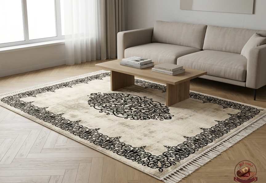 فرشینه مخمل ترک ضد حساسیت و بدون پرزطرح ترنج و حاشیه مشکی کد M290