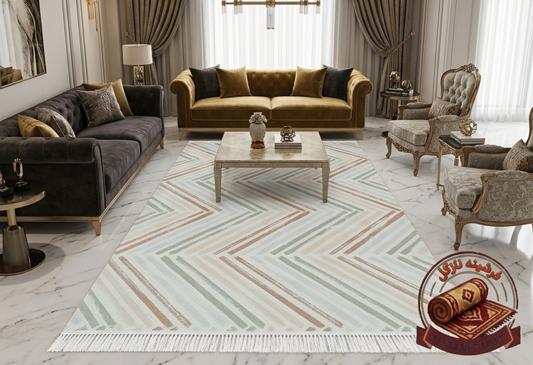 فرشینه مخمل مدرن طرح هندسی زیگزاگ (هفتوهشتی) با رنگهای پاستلی کد U474
