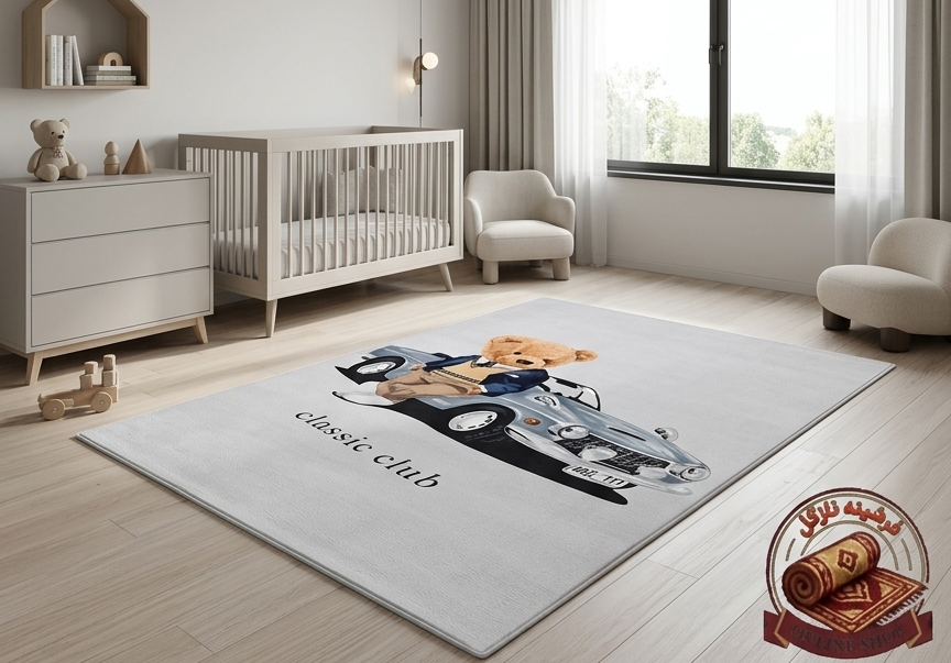 فرشینه مخمل ترک طرح خرس تدی و ماشین کلاسیک کد C167