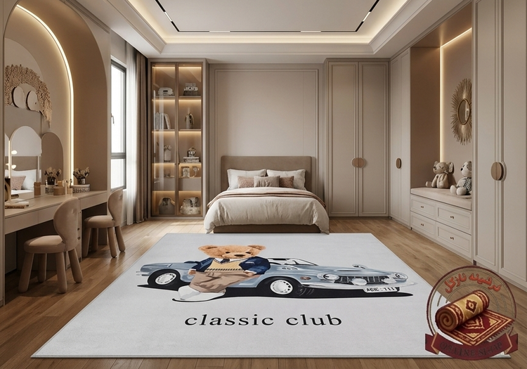 فرشینه مخمل ترک طرح خرس تدی و ماشین کلاسیک کد C167