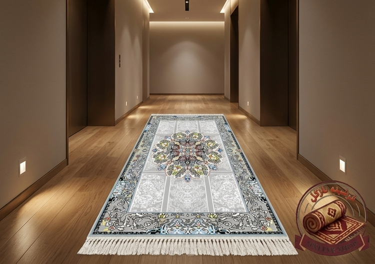فرشینه مخمل طرح ترک مدل ترنجدار رنگ طوسی نقرهای R176