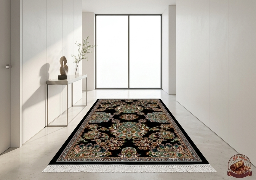 فرشینه مخمل ترک طرح افشان اسلیمی زمینه مشکی کد R188