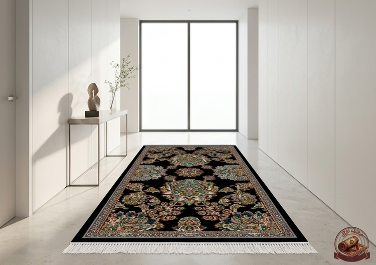 فرشینه مخمل ترک طرح افشان اسلیمی زمینه مشکی کد R188
