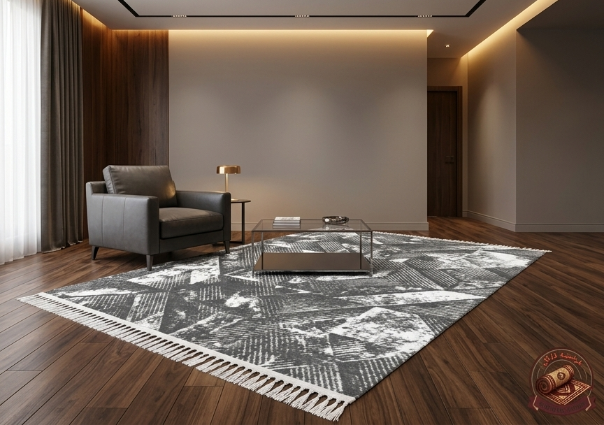 فرشینه مخمل طرح طوسی هندسی رنگ طوسی ذغالی کد M264