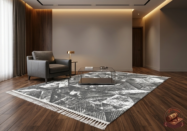 فرشینه مخمل طرح طوسی هندسی رنگ طوسی ذغالی کد M264