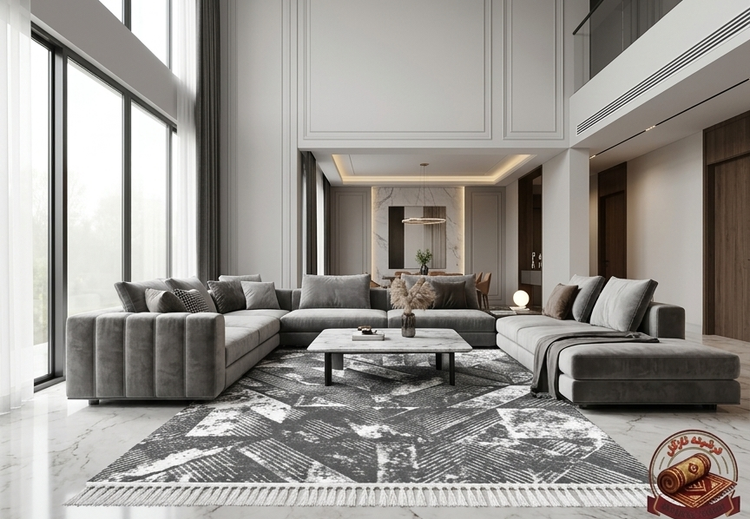 فرشینه مخمل طرح طوسی هندسی رنگ طوسی ذغالی کد M264