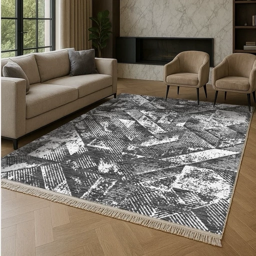 فرشینه مخمل طرح طوسی هندسی رنگ طوسی ذغالی کد M264