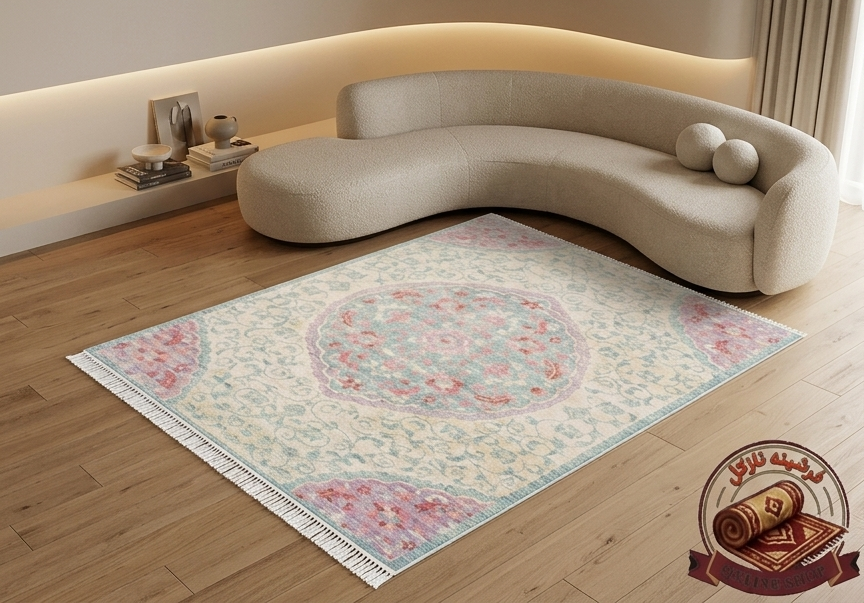 فرشینه مخمل ترک طرح پتینه پاستلی رنگ روشن کد M128