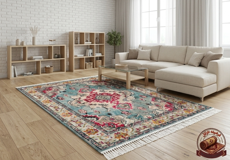 فرشینه مخمل ترک طرح سنتی مدالیون رنگ فیروزهای کد M137