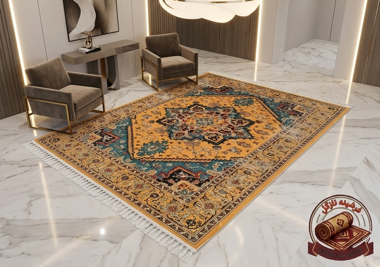 فرشینه مخمل طرح ابریشم نقشه هریس وینتیج (پتینه) با رنگبندی فیروزهای و خردلی کد A149