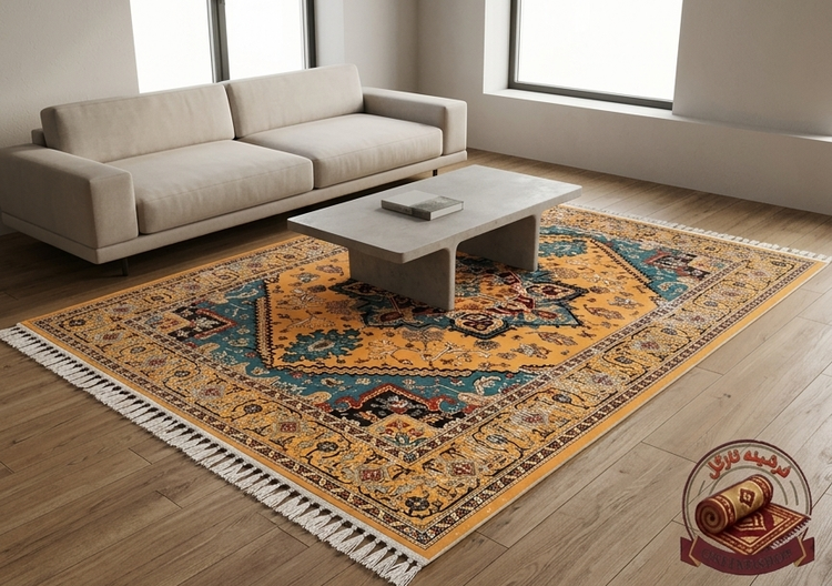 فرشینه مخمل طرح ابریشم نقشه هریس وینتیج (پتینه) با رنگبندی فیروزهای و خردلی کد A149