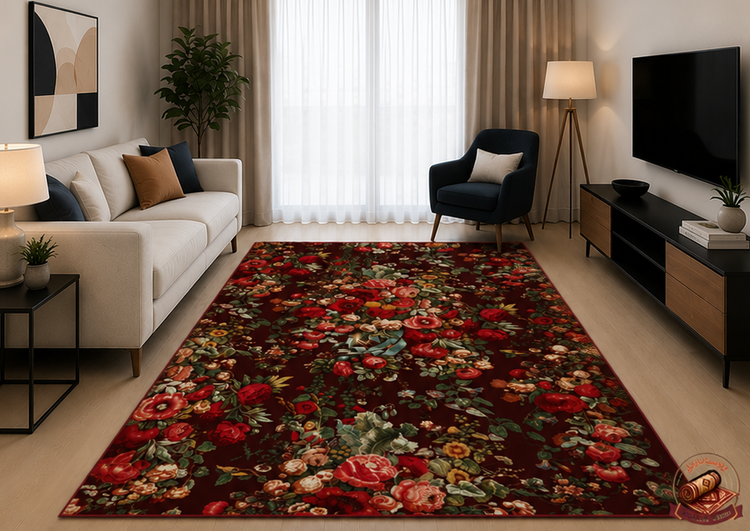 فرشینه مخمل طرح ابریشم نقشه گلفرنگ رویایی با زمینه زرشکی سیر کد A073