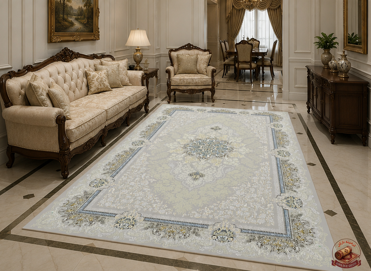 فرشینه مخمل طرح ابریشم نقشه ترنج مدرن رنگ طوسی -نقرهای کد A098