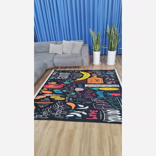 فرشینه آشپزخانه مخمل ترک طرح فانتزی تختهسیاه رنگ مشکی کد K106
