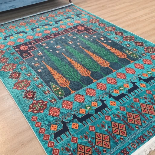 فرشینه مخمل هازان طرح فیروزه سبز آبی روستایی L289