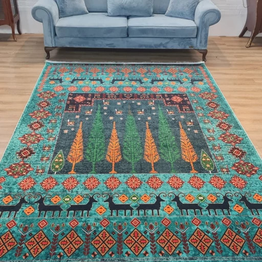 فرشینه مخمل هازان طرح فیروزه سبز آبی روستایی L289