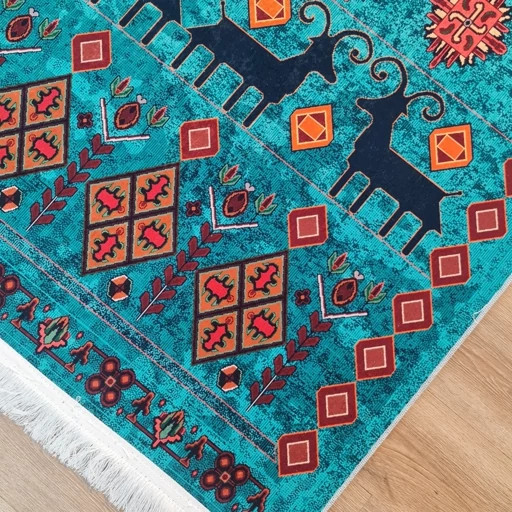 فرشینه مخمل هازان طرح فیروزه سبز آبی روستایی L289