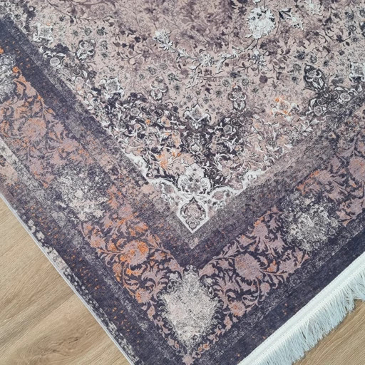 فرش چاپی فرشینه مخمل هازان زمینه تیره شکلاتی L521