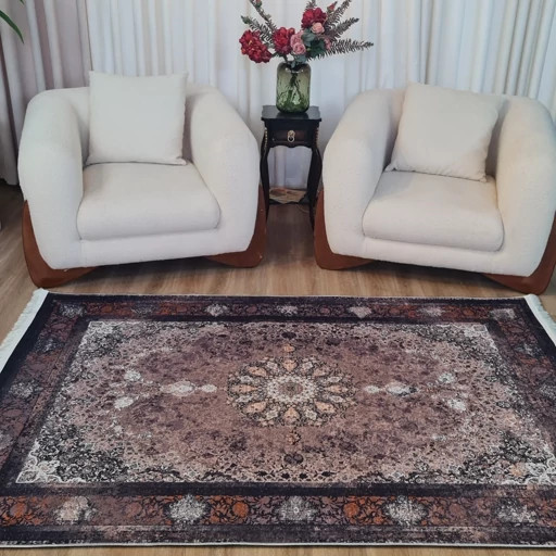 فرش چاپی فرشینه مخمل هازان زمینه تیره شکلاتی L521