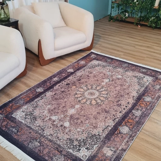 فرش چاپی فرشینه مخمل هازان زمینه تیره شکلاتی L521