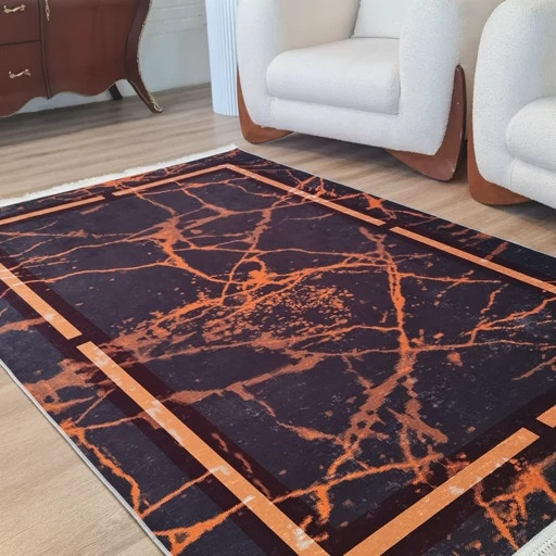 فرشینه مدرن مخمل هازان طرح ماربل نارنجی H255
