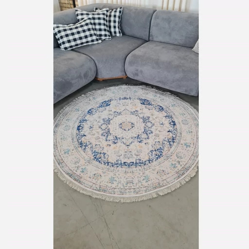 فرشینه گرد مخمل ترک زمینه سفید و آبی کد D148