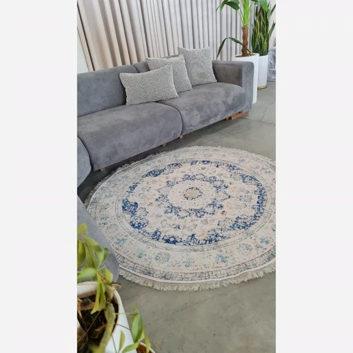 فرشینه گرد مخمل ترک زمینه سفید و آبی کد D148