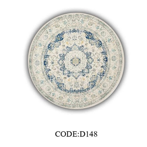 فرشینه گرد مخمل ترک زمینه سفید و آبی کد D148