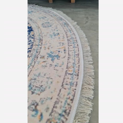 فرشینه گرد مخمل ترک زمینه سفید و آبی کد D148