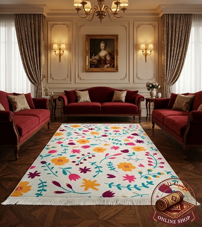 فرشینه راهرویی مخمل هازان ترک طرح گل کد R130 ( ابعاد مختلف)