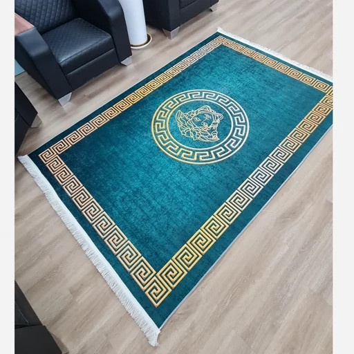 فرشینه مخمل مدرن لاکچری ورساچه مدوزا سبزآبی طلایی U456