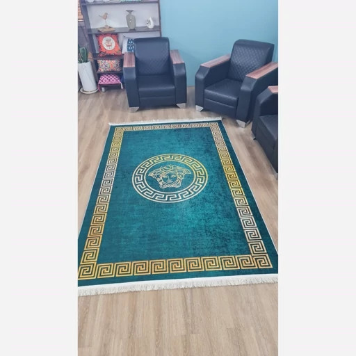 فرشینه مخمل مدرن لاکچری ورساچه مدوزا سبزآبی طلایی U456