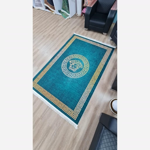 فرشینه مخمل مدرن لاکچری ورساچه مدوزا سبزآبی طلایی U456