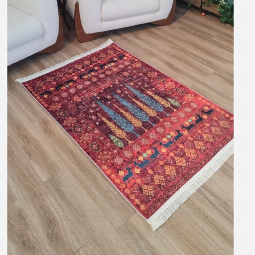 فرشینه قرمز طرح درخت مخمل تُرک ضدلغزش (ابعاد دلخواه) L293