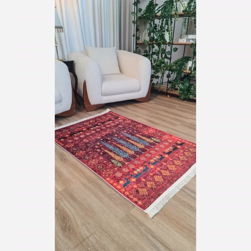 فرشینه قرمز طرح درخت مخمل تُرک ضدلغزش (ابعاد دلخواه) L293