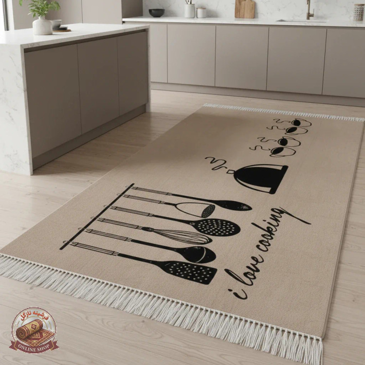 فرشینه آشپزخانه k110 | طرح I Love Cooking با وسایل فانتزی | رویه مخمل هازان ترک، ضدلغزش و قابل شستشو (تولید در ابعاد دلخ
