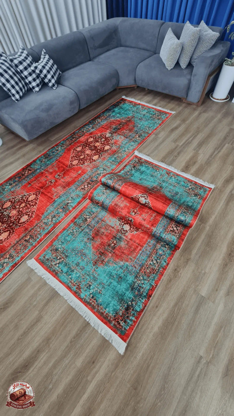 فرشینه سبز مناسب راهرو جنس رویه مخمل هازان تُرک نرم و صاف زیره استُپ دار (ضدلغزش) u459