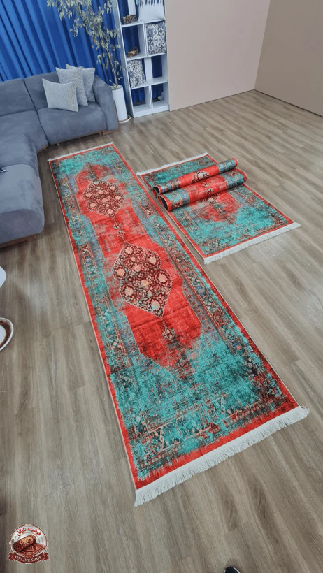 فرشینه سبز مناسب راهرو جنس رویه مخمل هازان تُرک نرم و صاف زیره استُپ دار (ضدلغزش) u459