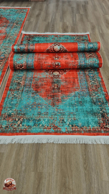 فرشینه سبز مناسب راهرو جنس رویه مخمل هازان تُرک نرم و صاف زیره استُپ دار (ضدلغزش) u459
