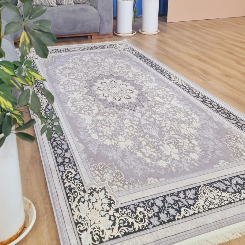 فرشینه طوسی مدرن جنس مخمل هازان تُرک استُپ دار(ابعاد دلخواه)ضد لغزش کد u13