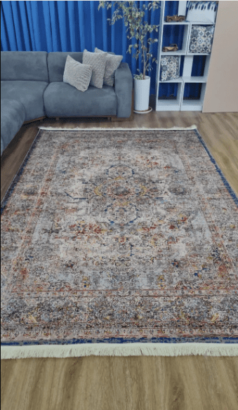 فرشینه مدرن طرح وینتیج طوسی-آبی | فرش سالن پذیرایی و اتاق خواب کد u471