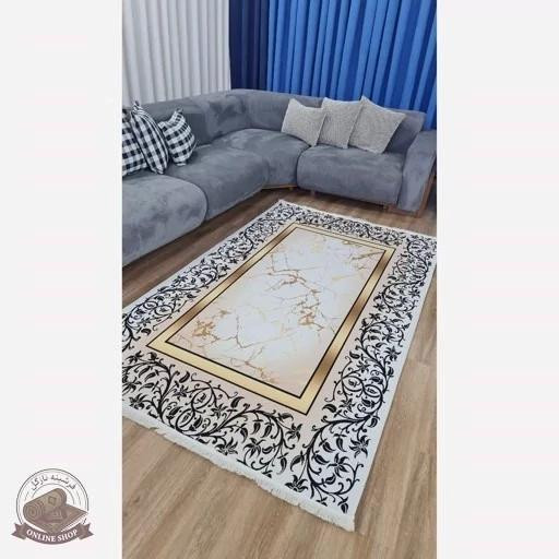 فرشینه سفید طلایی مخمل تُرک هازان رویه کار نرم و لطیف کد h413
