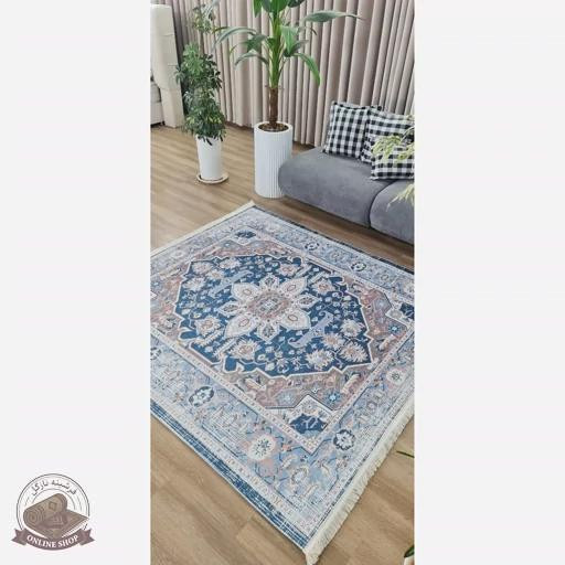 فرشینه طوسی آبی مدرن جنس مخمل تُرک استُپ دار ابعاد دلخواه