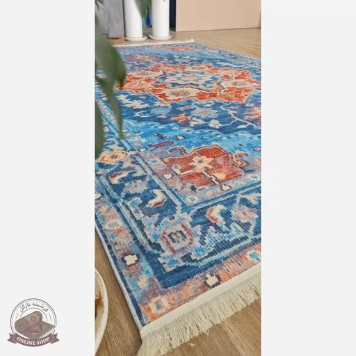 فرشینه آبی نارنجی مدرن جنس مخمل تُرک استُپ دار ابعاد دلخواه