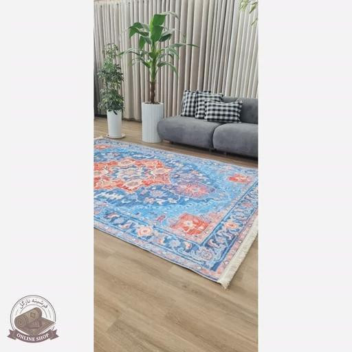 فرشینه آبی نارنجی مدرن جنس مخمل تُرک استُپ دار ابعاد دلخواه