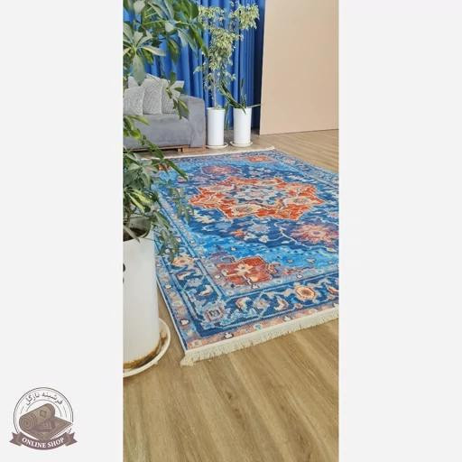 فرشینه آبی نارنجی مدرن جنس مخمل تُرک استُپ دار ابعاد دلخواه