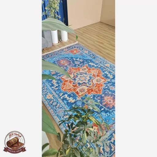 فرشینه آبی نارنجی مدرن جنس مخمل تُرک استُپ دار ابعاد دلخواه